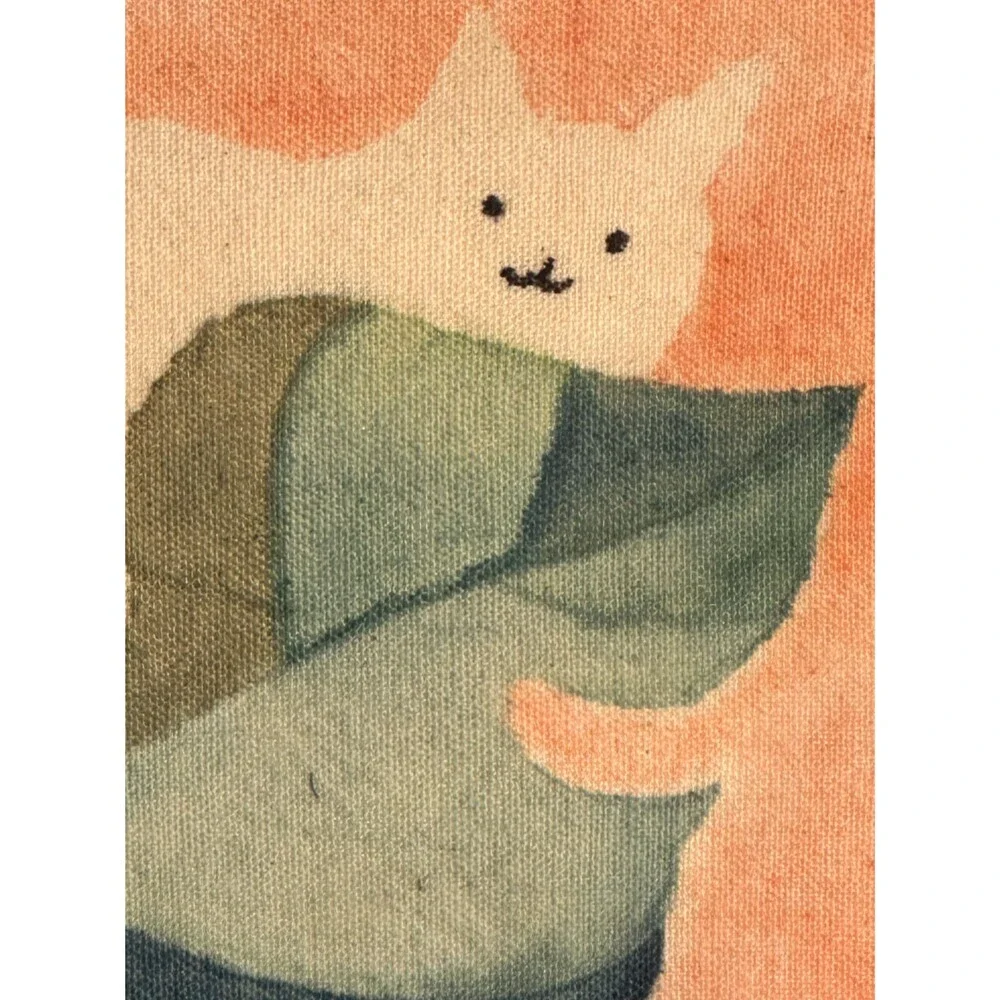 Lazy Cat Tropical Leaf Batik Wall Art, Handmade Cat Art Decor, Cat Lover Gift
